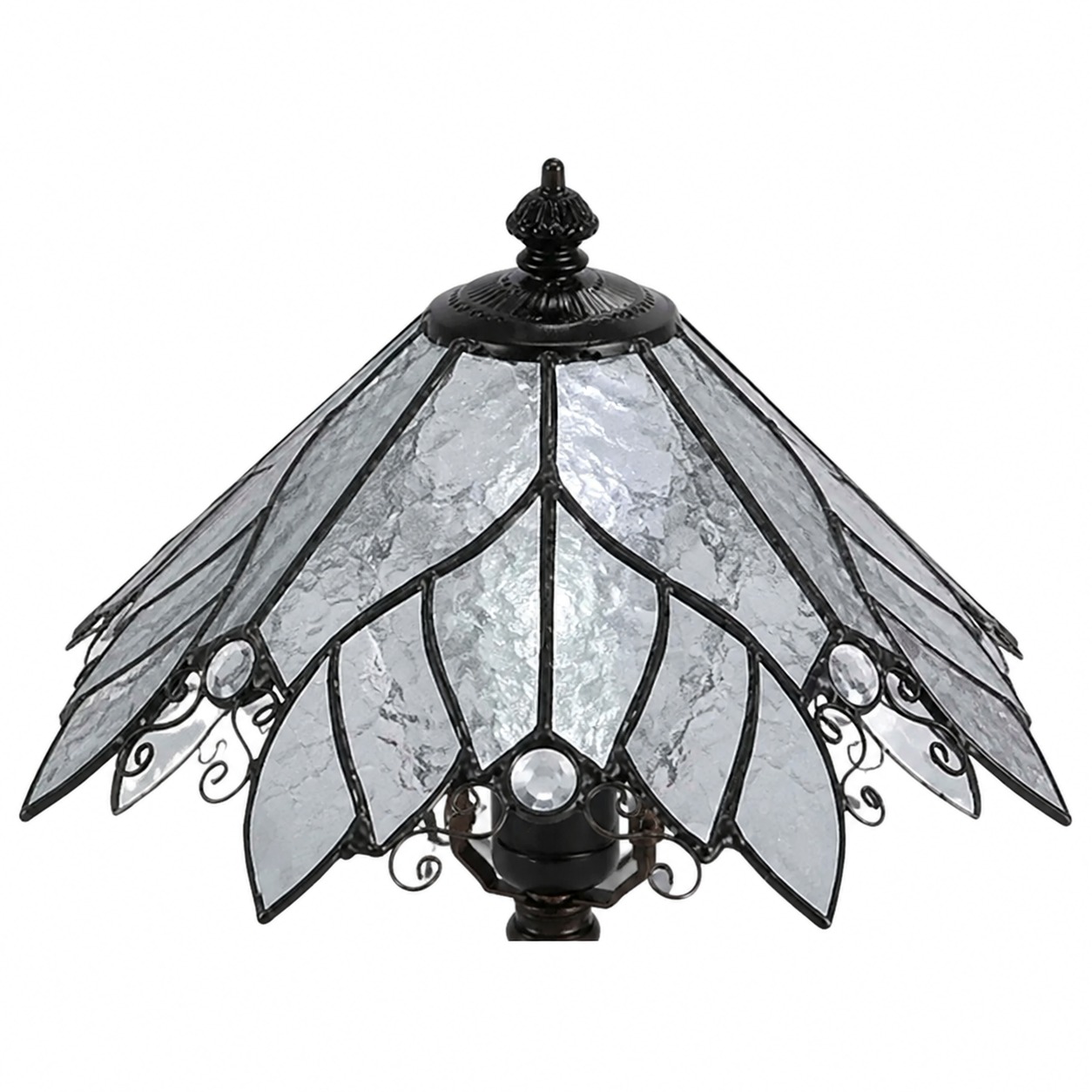 Close view of stained glass shade and dark frame