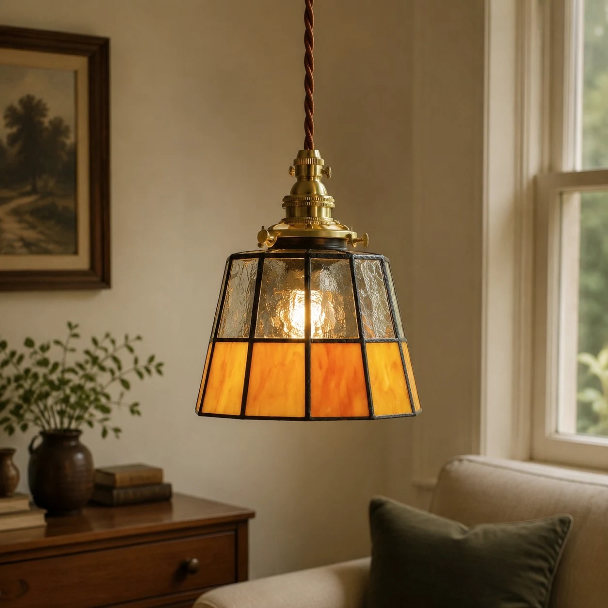 Amber stained glass brass pendant light in a warm vintage room