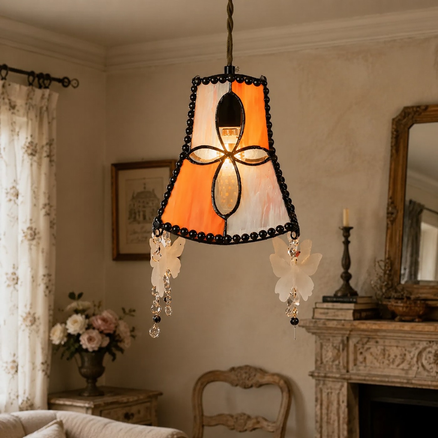 French vintage room with shell butterfly pendant light installed