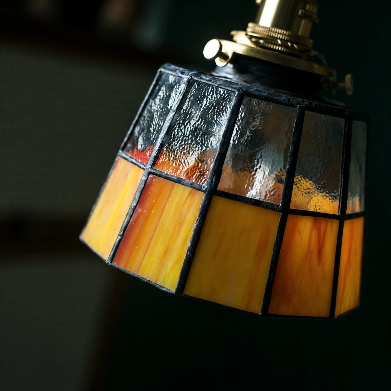 Angled view of stained glass pendant shade