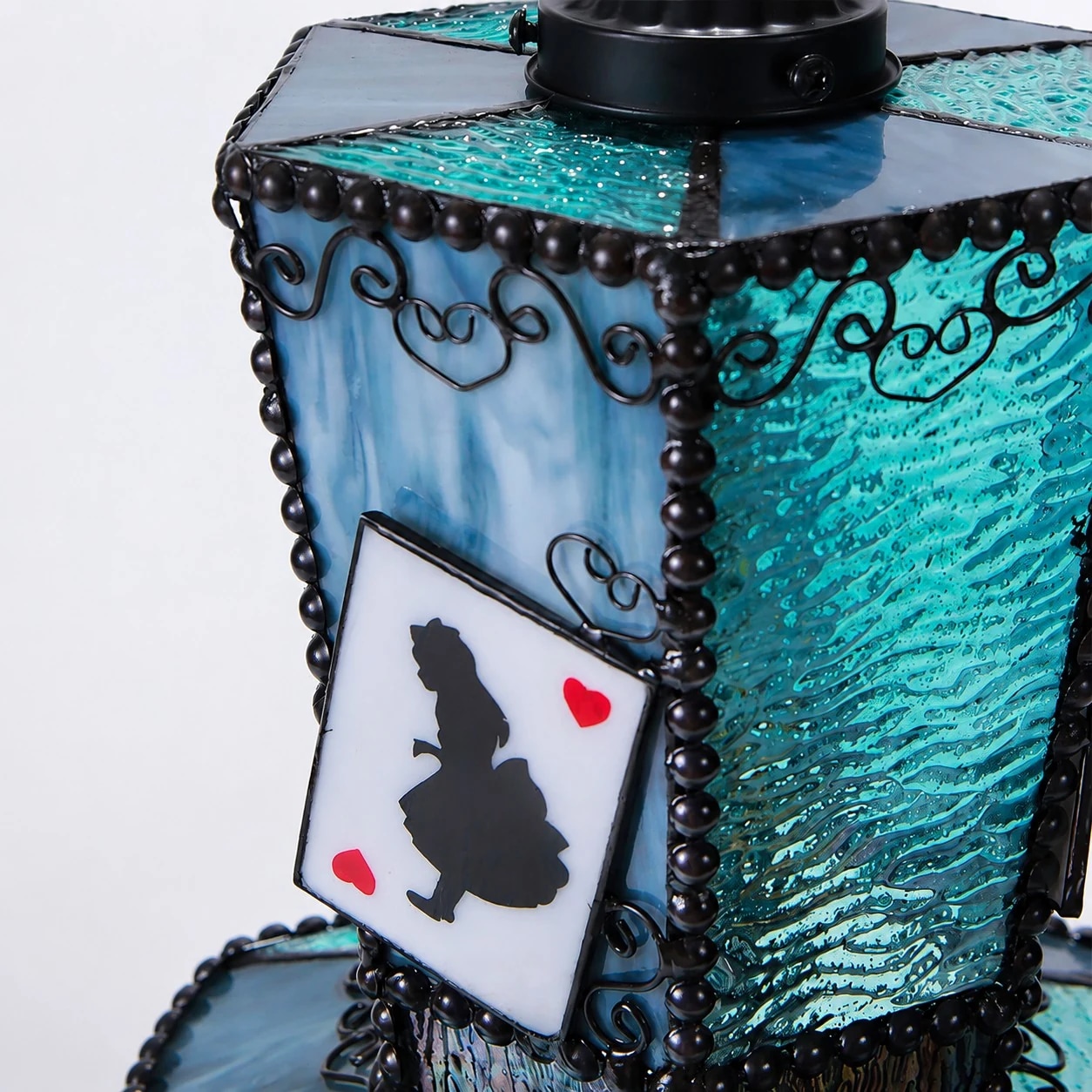 Aqua blue shade close-up showing bead trim and scrollwork