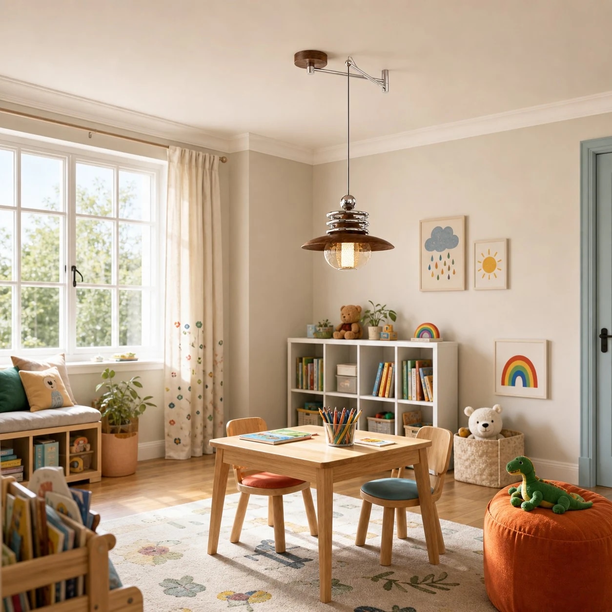 Brown metal pendant in a playful reading room