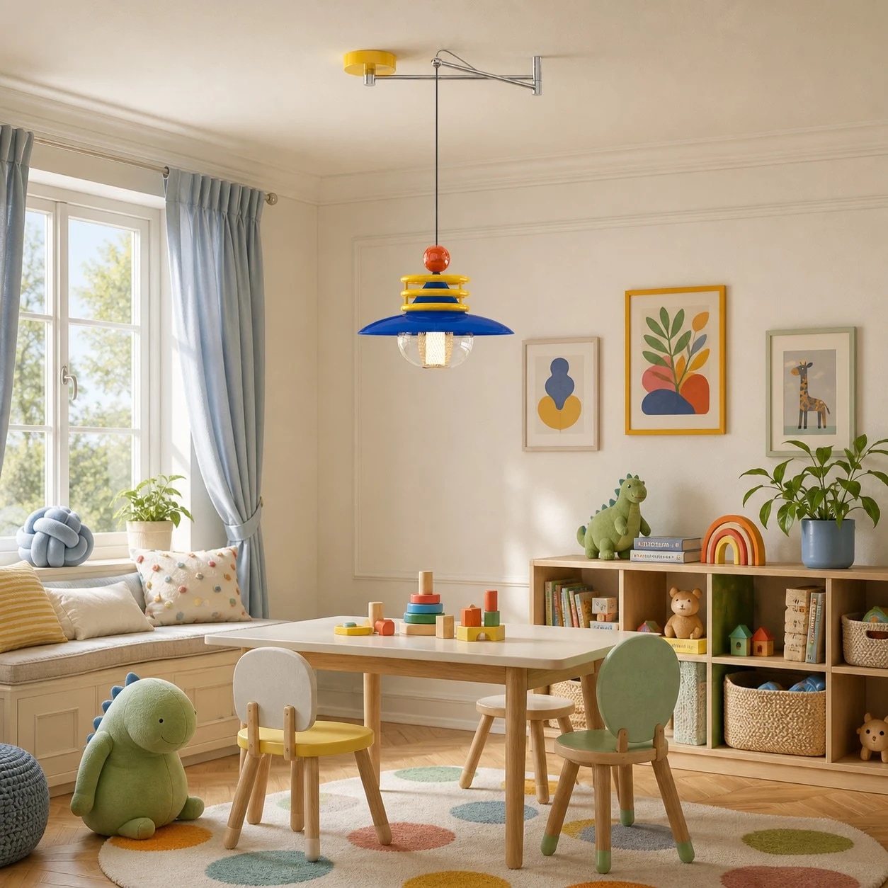 Blue and yellow dopamine pendant installed in a colorful children's room