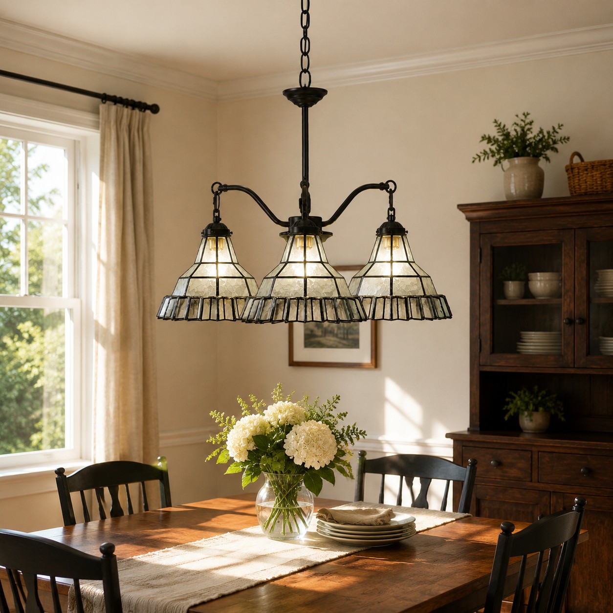 Clear glass three head pendant above a dining table