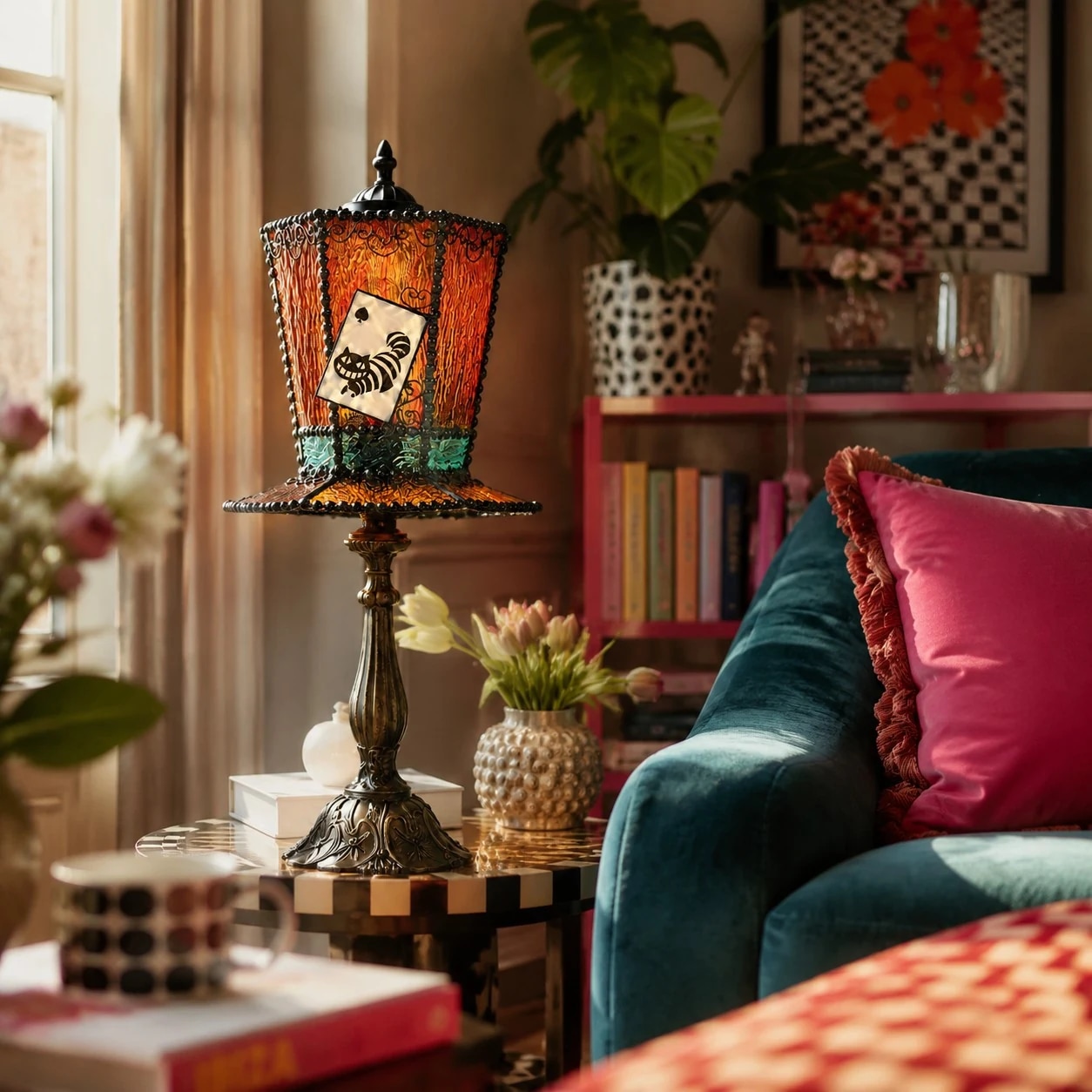 Amber yellow table lamp styled on a living room side table