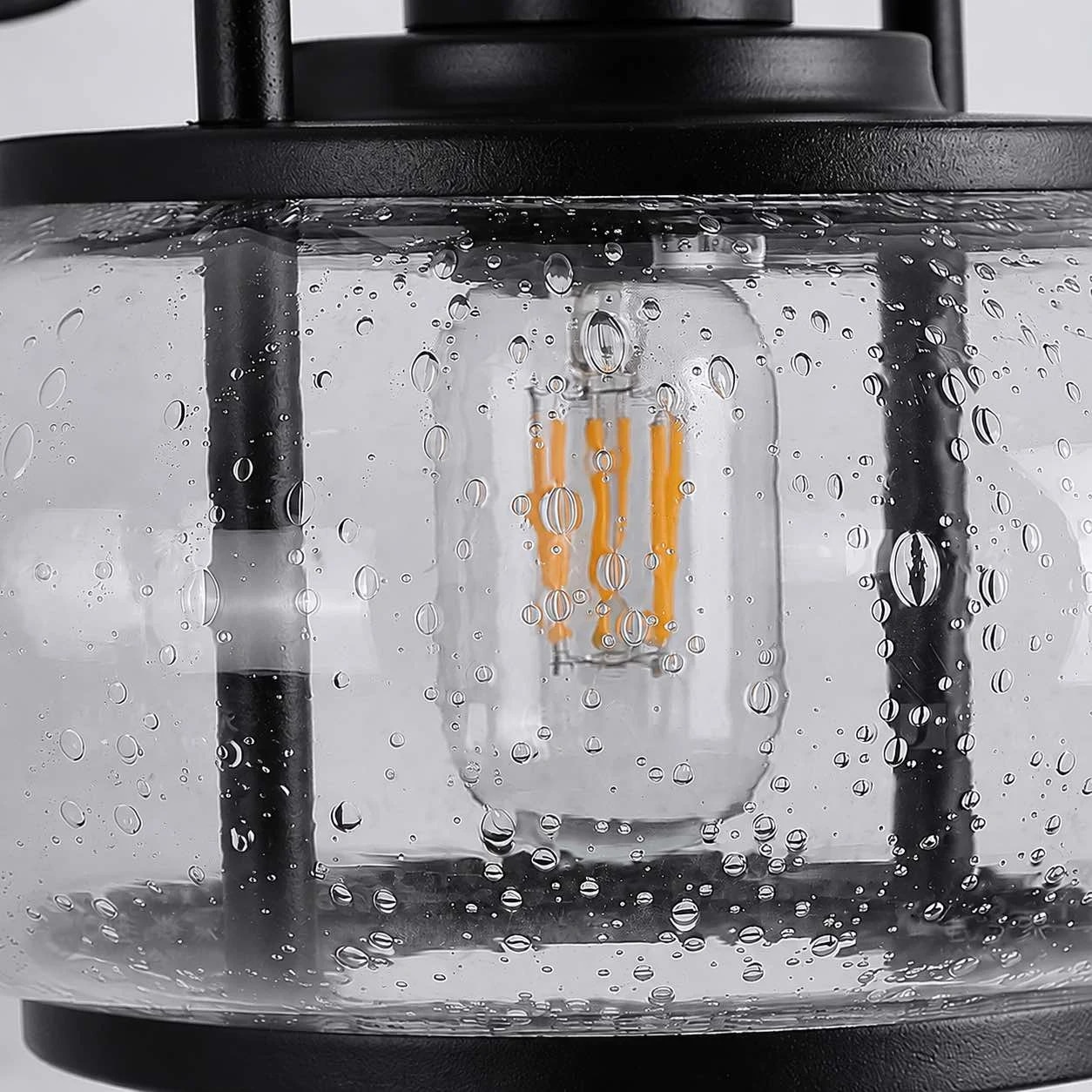 Close view of the waterproof glass shade and warm bulb