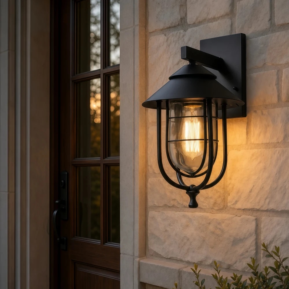 Black outdoor wall lantern beside a warm entry wall