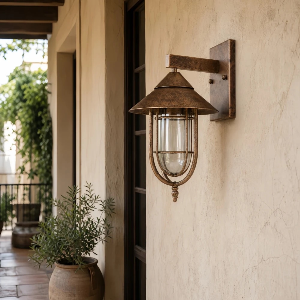 Rust finish wall lantern on a covered patio wall