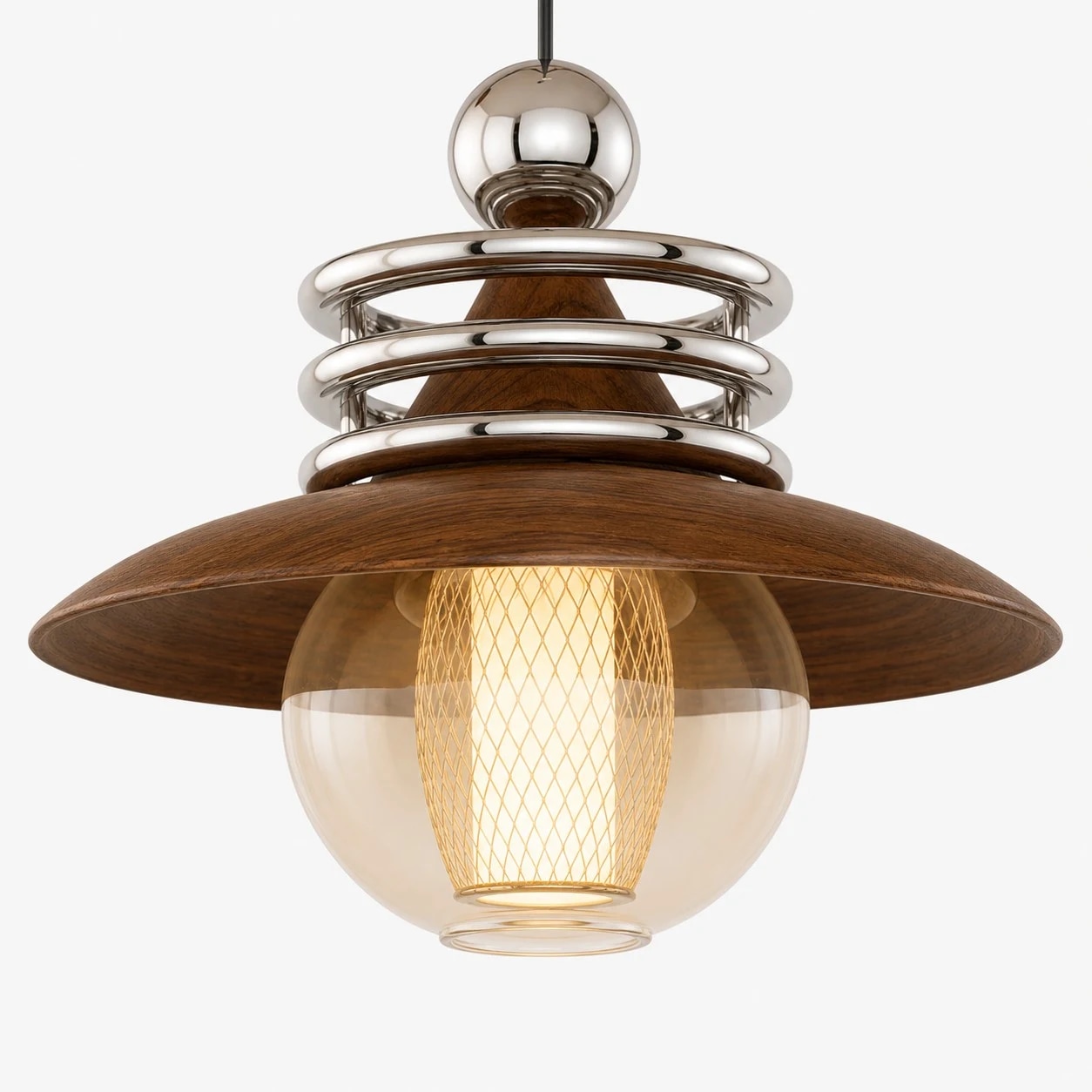 Brown layered metal shade with glass globe and warm bulb