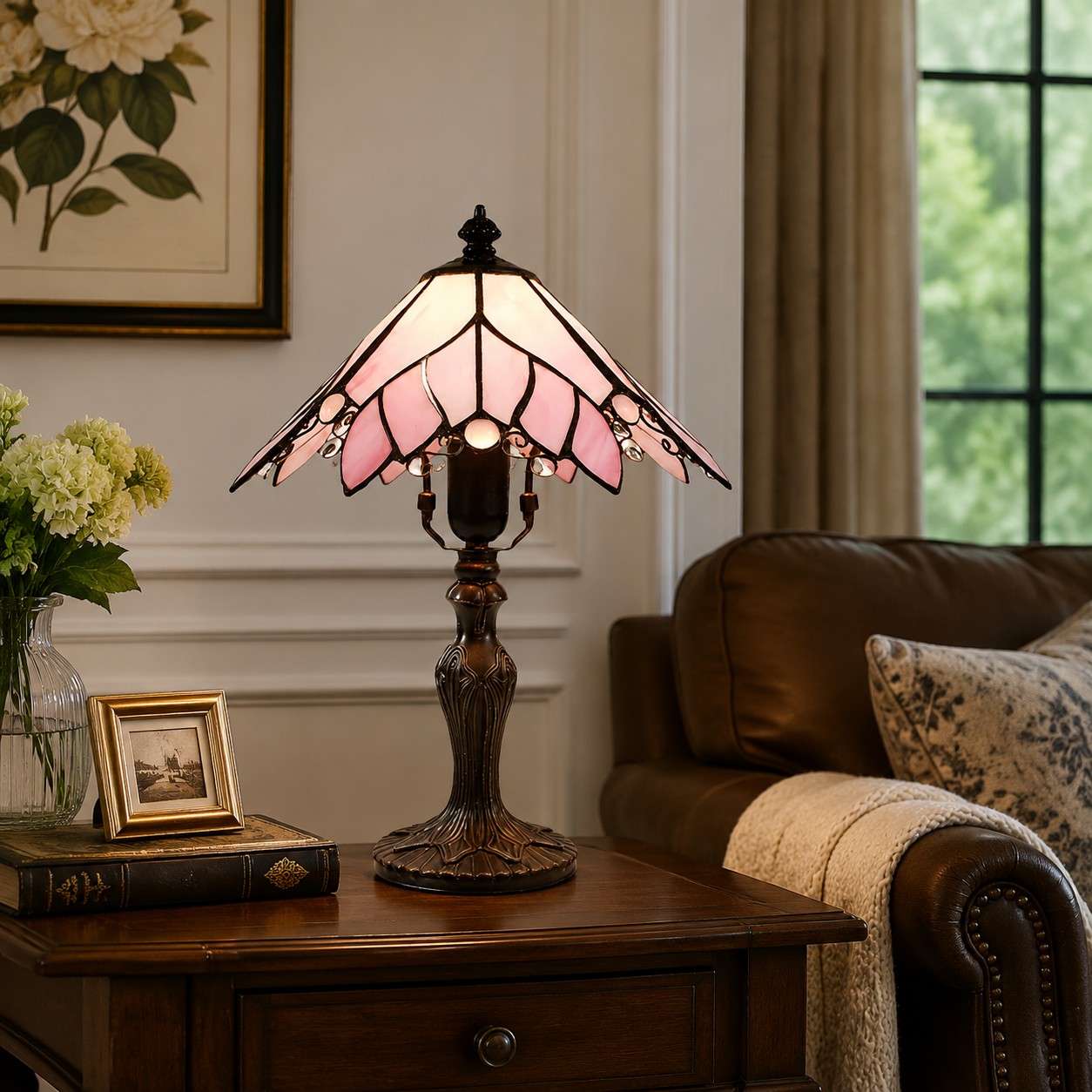 Vintage Tiffany stained glass table lamp styled in a classic living room