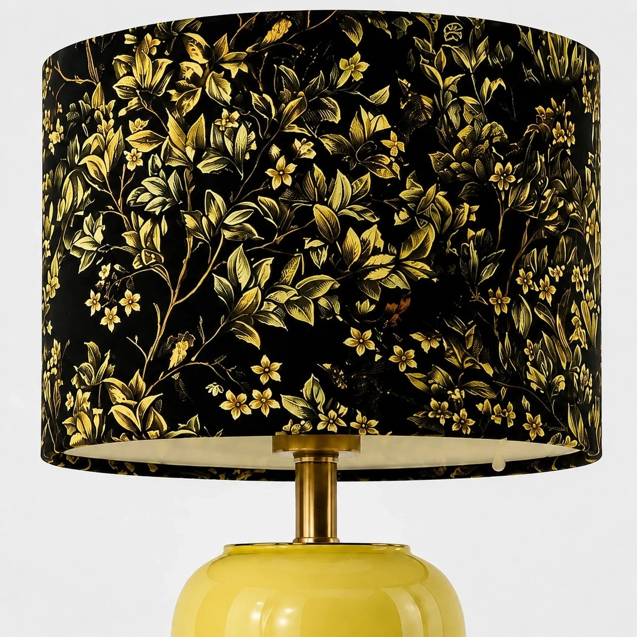Black floral fabric shade with gold botanical pattern