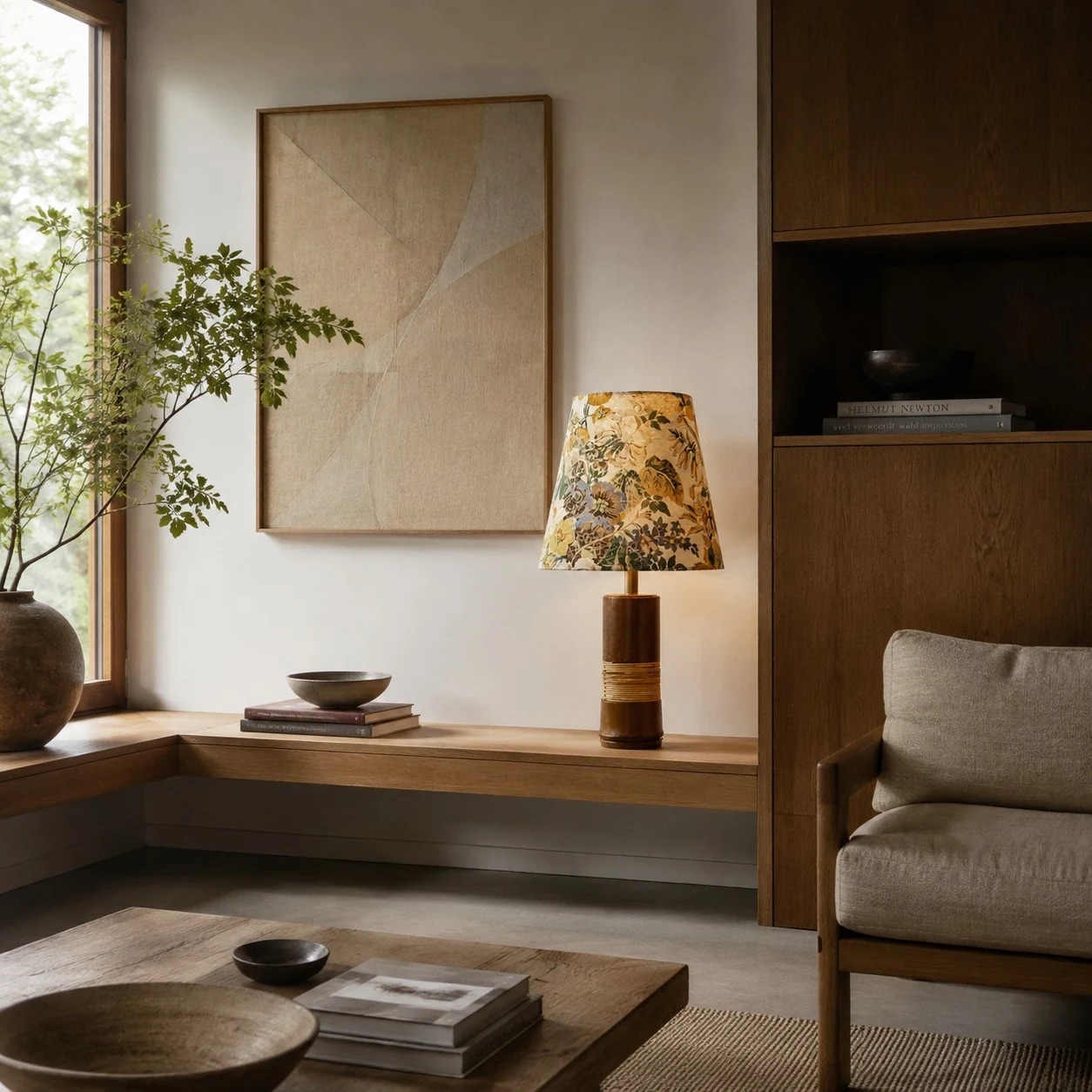 bamboo fabric table lamp on a styled side table