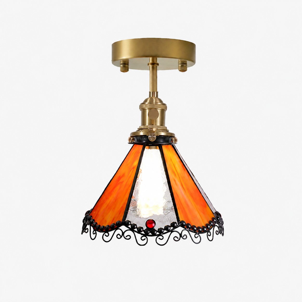 Orange stained glass flush mount ceiling light for entries, hallways, kitchens, and cottage-style nooks.