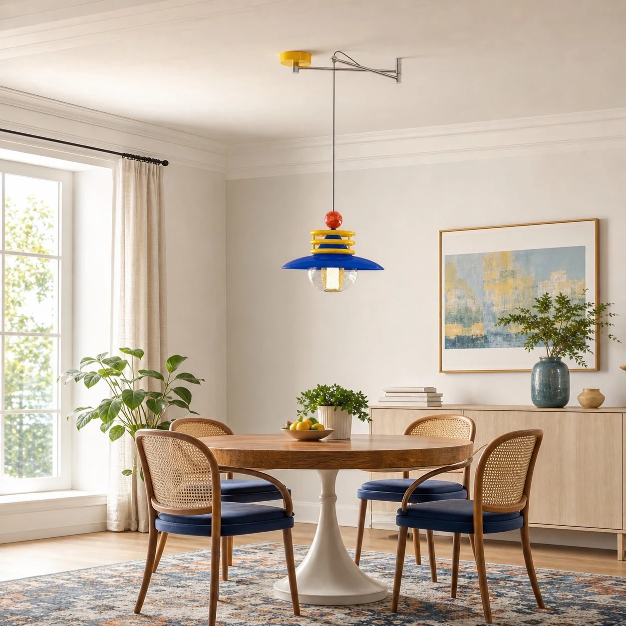 Blue and yellow dopamine pendant above a small dining table