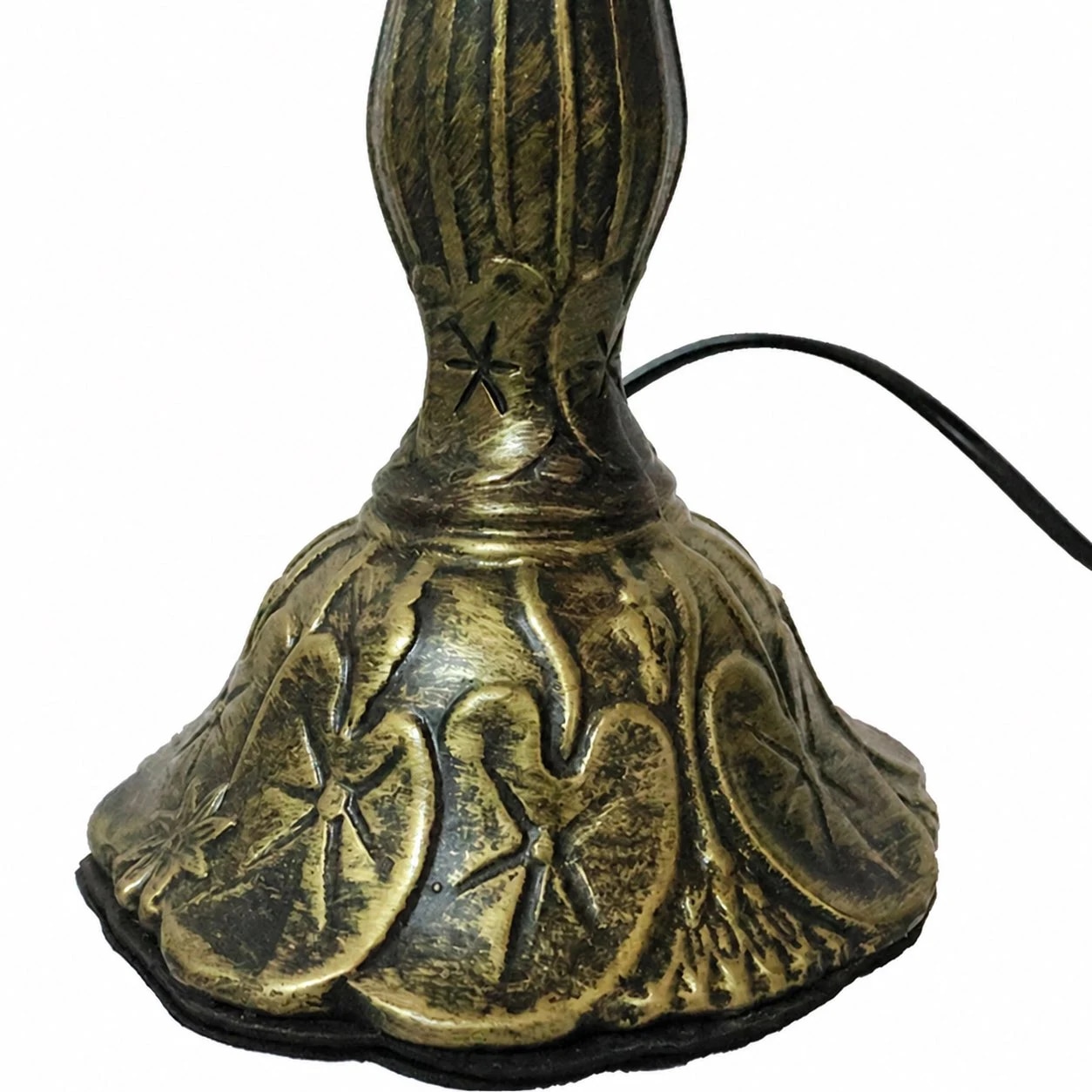 Antique-tone carved metal lamp base detail