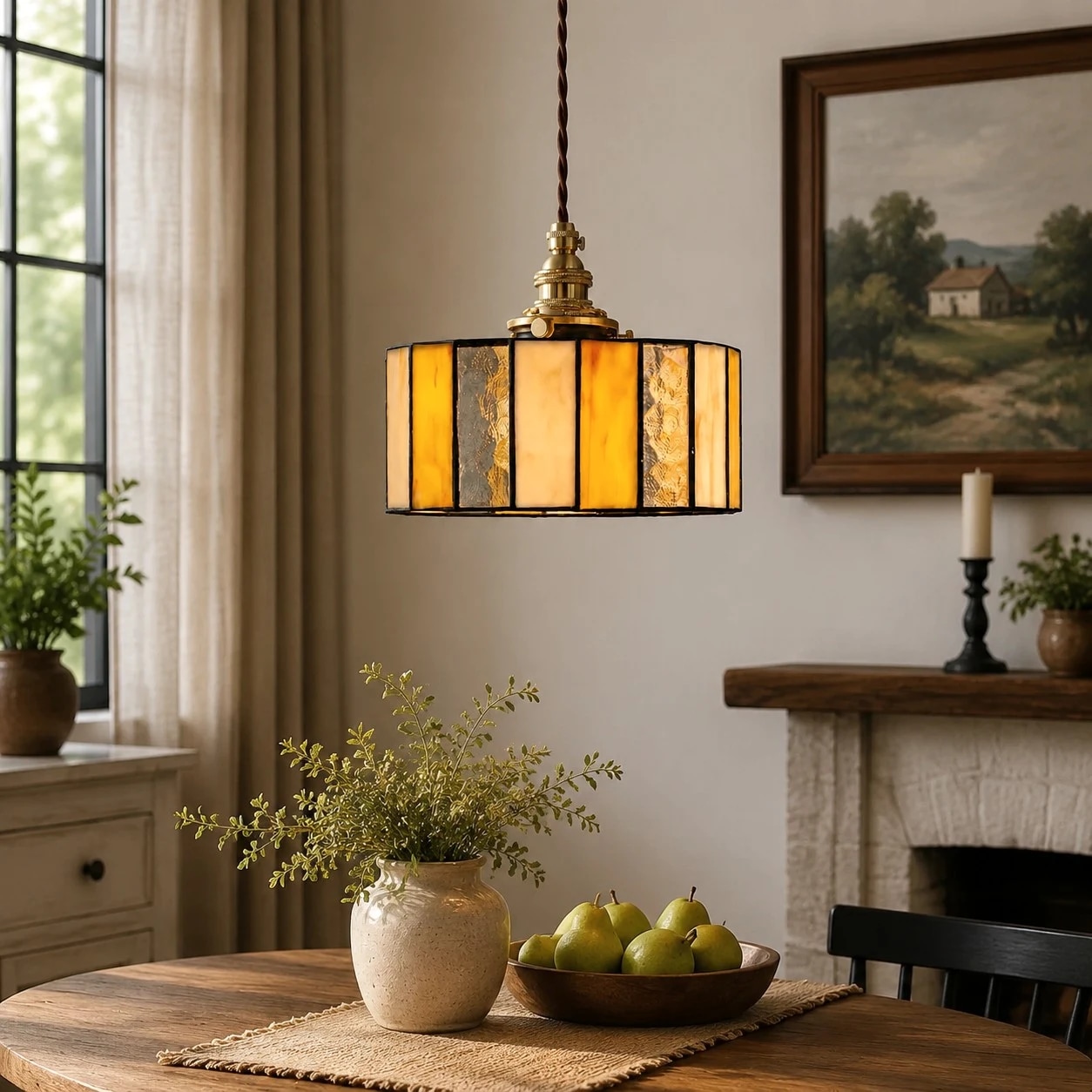 Amber stained glass pendant light above a warm dining space