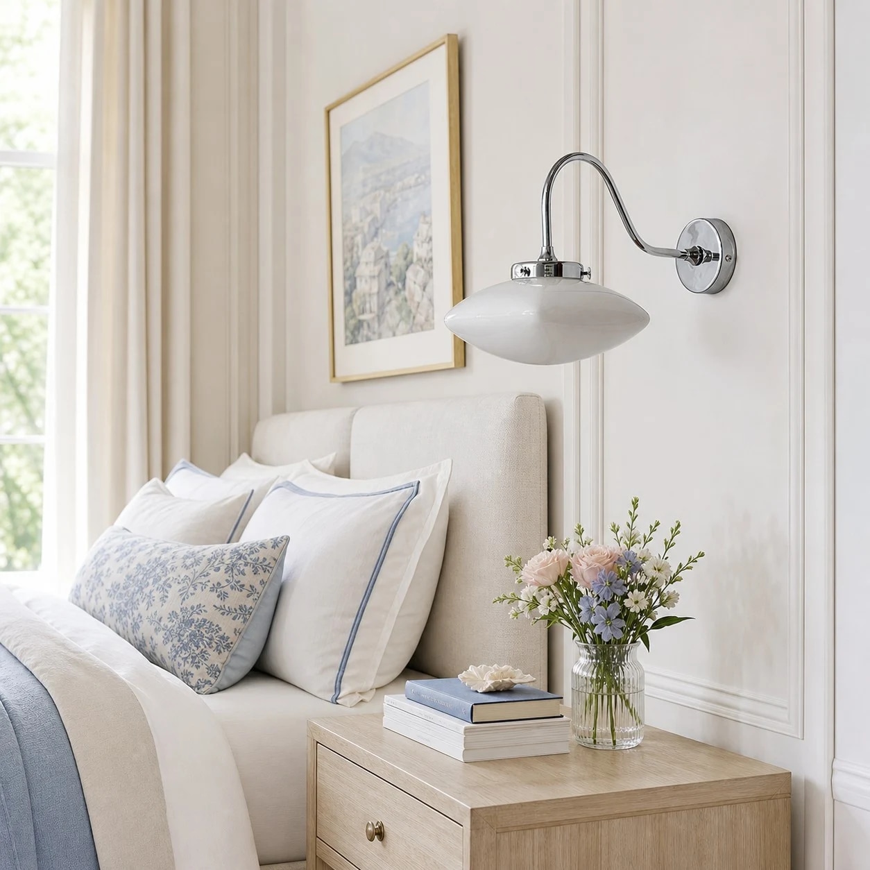 Vintage glass wall sconce installed above a bedside table